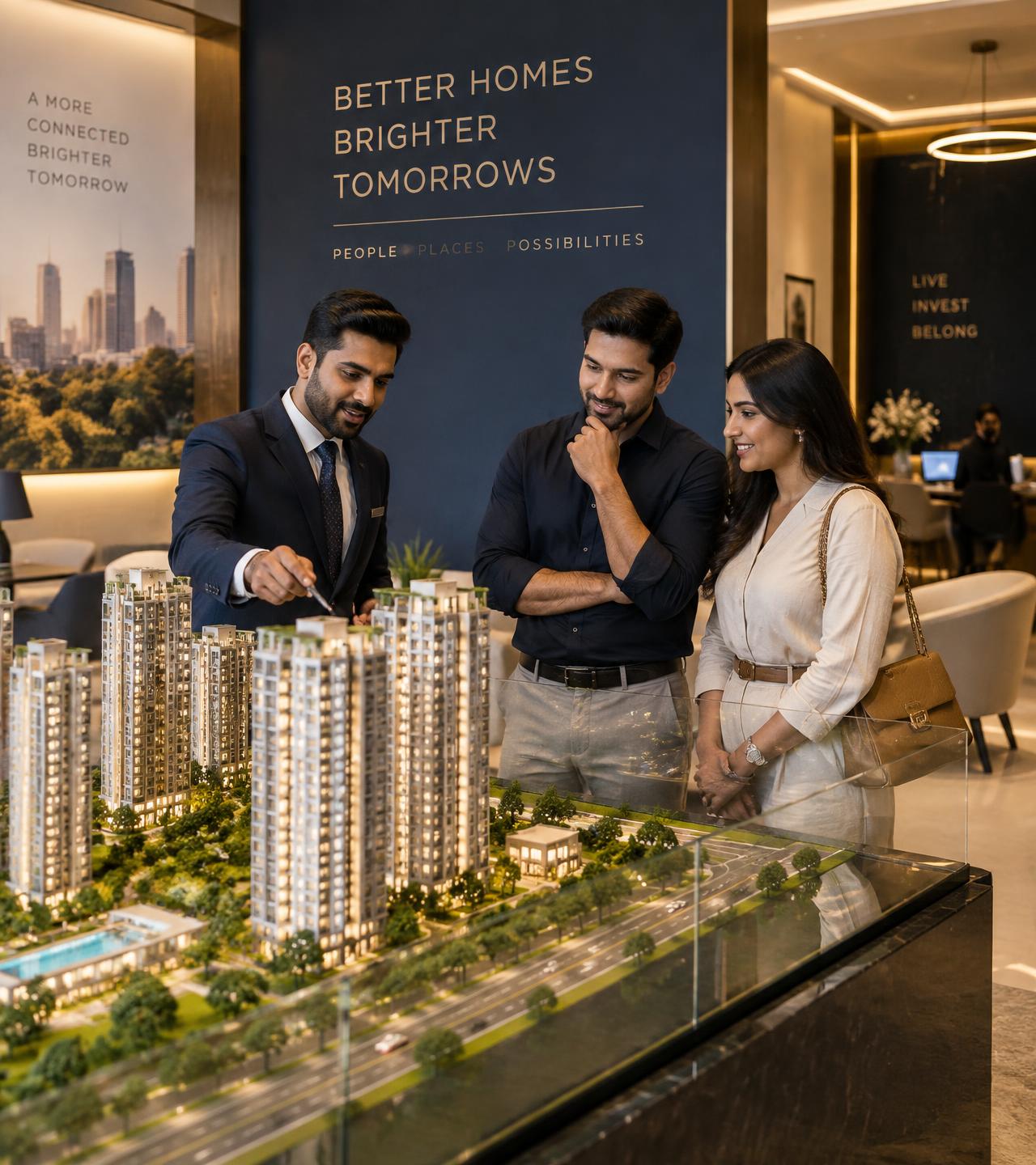 Real estate sales consultant presenting a residential project model to a couple