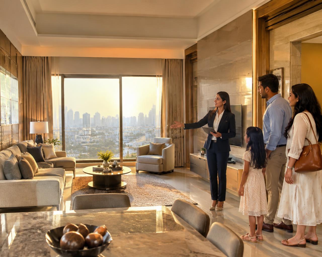 Sales consultant guiding a family through a show apartment